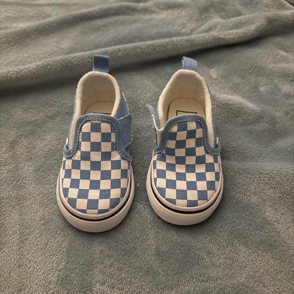 Vans Kids Blue and White Checkered Slip-On Sneakers